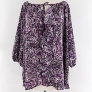 Dressbarn Paisley Ruffle Front Blouse 1X Tie Front 3/4 sleeve
